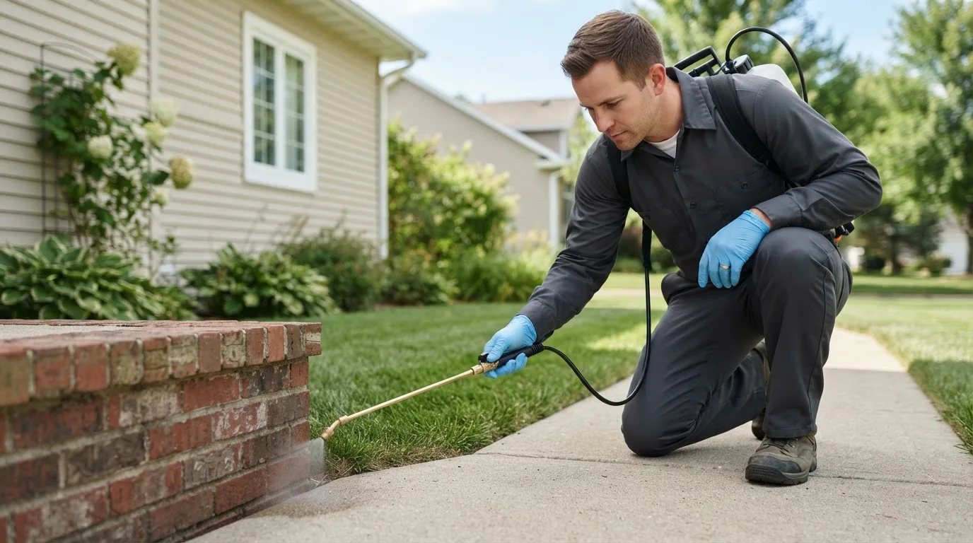 Pest control technician treating a home near Clay City, IL