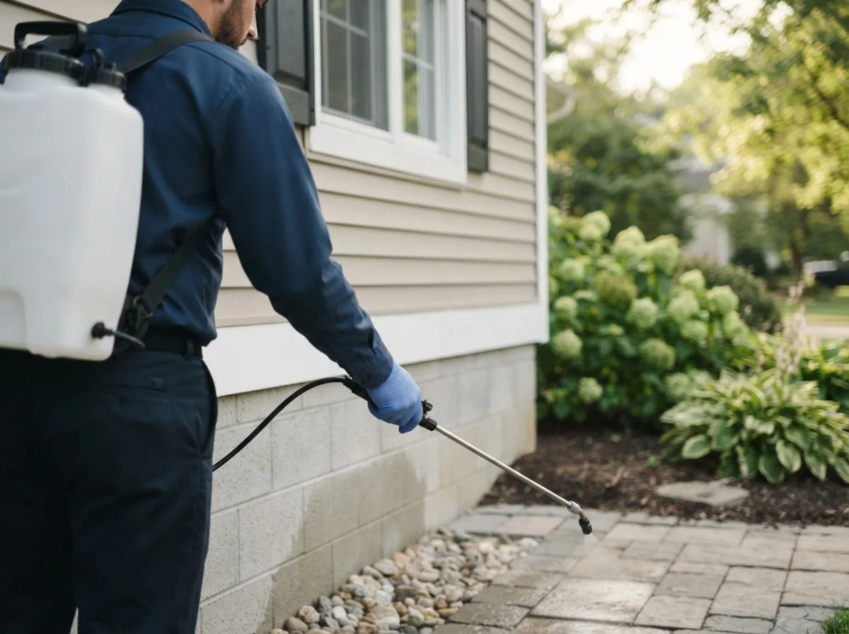 Pest control technician inspecting a home in Clay City, IL